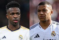 Real Madrid players, Vinicius Junior (L) and Kylian Mbappe (R)