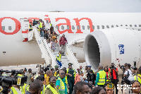 A scene from the arrival of the first batch of Ghanaians evacuated from South Africa