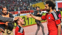 Egypt's Mohamed Salah (right) celebrates a goal with Ramadan Sobhi