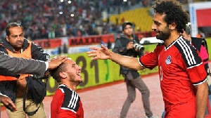 Egypt's Mohamed Salah (right) celebrates a goal with Ramadan Sobhi