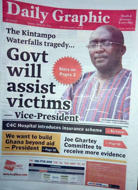 Vice President Alhaji Dr Mahamudu Bawumia covers the front page of the state-owned Daily Graphic