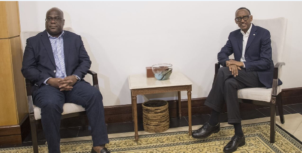 President Paul Kagame (R) hosts Congolese counterpart Felix Tshisekedi in Kigali on March 24, 2025