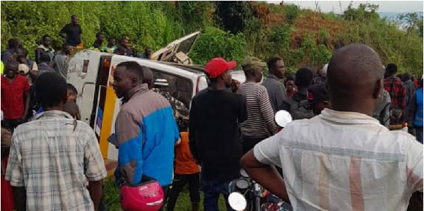 Wreckage of the Babugi Nursery and Primary School van at the scene of the accident on Bugombwa Hill