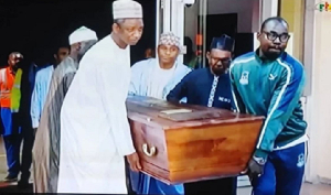 The late CAF President, Issa Hayatou's remains in a casket