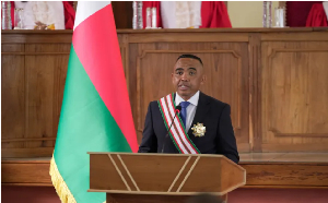 Colonel Michael Randrianirina delivers his speech at  after being sworn in as president