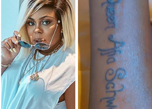 Afia Schwarzenegger's name has been boldly inscripted on the arm of a die-hard fan