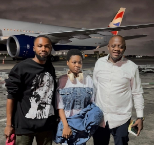 Suzy (Middle) with her caregiver (L) and Rafik Mahama at the airport