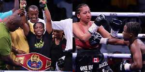 Abigail Quartey with her world title (left) and Quartey punching Sangeeta Birdie (right)