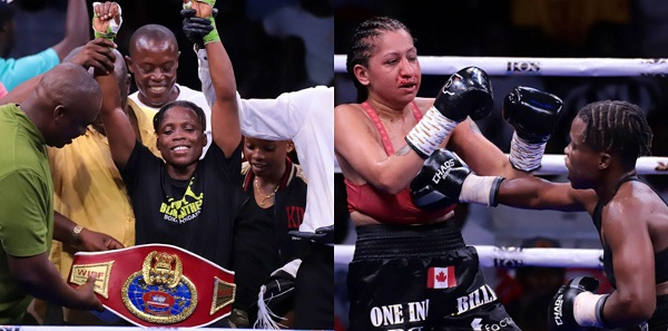 Abigail Quartey with her world title (left) and Quartey punching Sangeeta Birdie (right)