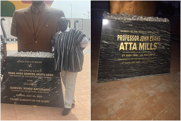 (L - R) The statue of the late Prof Mills with destroyed plaque and the statue with the new plaque