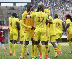 Zimbabwe national team celebrating a goal