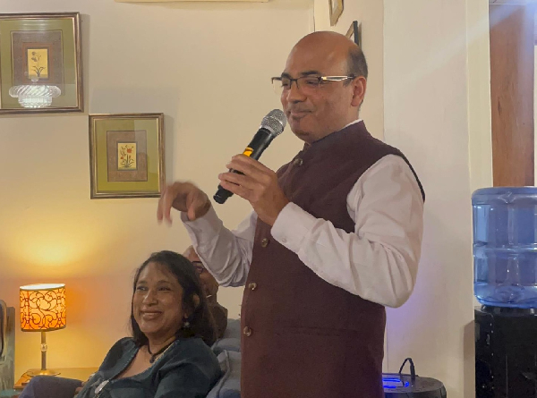 Indian High Commissioner to Ghana, Manish Gupta, addressing the journalists at his home