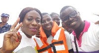 Catherine Abelema Afeku (left) with some journalists on the island