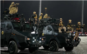 Members of the Saudi special forces perform during a military parade on Thursday, May 21, 2026