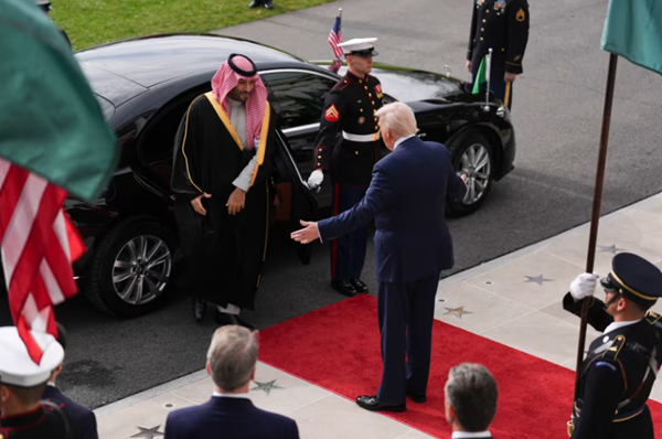 President Donald Trump greets Saudi Crown Prince Mohammed bin Salman at the White House in 2025