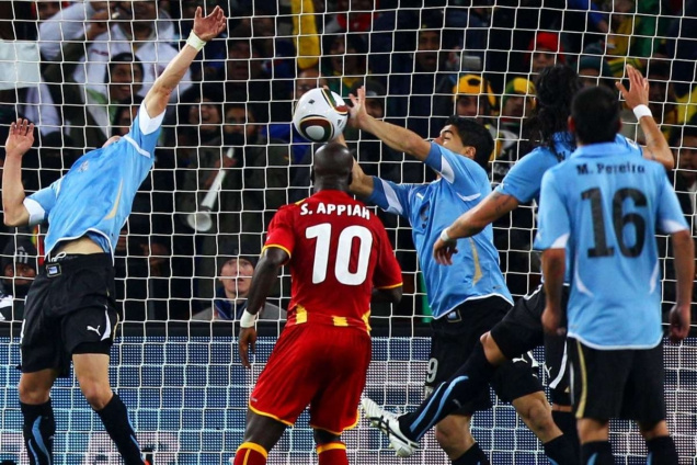Suarez removed a goalbound shot at the 2010 World Cup