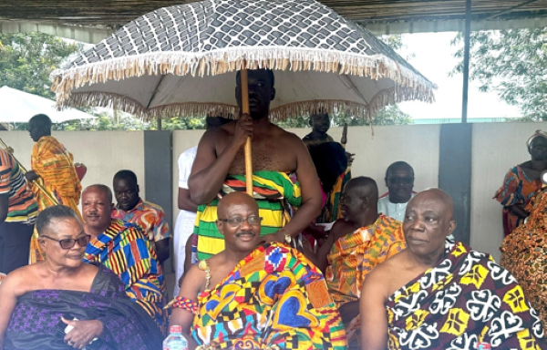 Daasebre Akuamoah Boateng III, middle, flanked by the Queen mother of KTC, and another sub-chief