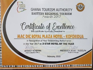 Ghana Tourism Authority awarded the hotel on February in Eastern Region