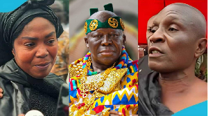 Ernestina Fosu (L) invoked Otumfuo’s Ntam Kɛseɛ on Fosu family head (R)