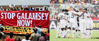 #StopGalamseyNow banner and Black Stars players (right)