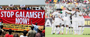 #StopGalamseyNow banner and Black Stars players (right)