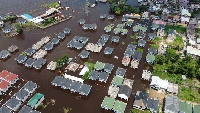 An aerial view of flooded houses after the Congo River's water level rises in Kinshasa
