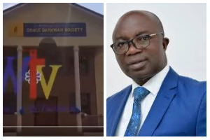 A collage of Osei Assibey Antwi and the church he built