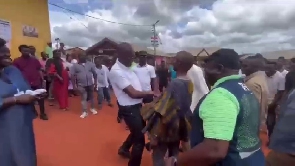 Asiedu Nketiah and Ken Agyapong greeting each other at a polling station