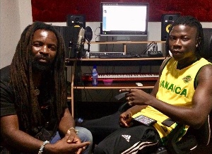 Dancehall artiste, Stonebwoy and Grammy nominee Rocky Dawuni in the studio