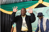 ANC's  President Cyril Ramaphosa waves to ANC supporters during an election rally