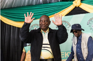 ANC's  President Cyril Ramaphosa waves to ANC supporters during an election rally