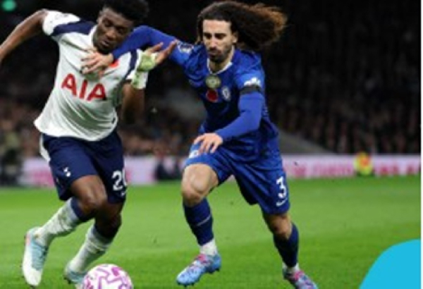 Kudus Mohammed (in white jersey) struggled against Marc Cucurella on the right-wing