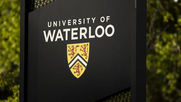 A University of Waterloo sign stands in Waterloo, Ontario