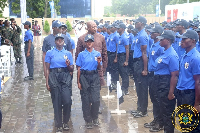 Transport Minister Bukari Nikpe and GMA boss Kamal-Deen inspecting the parade of the safety guards