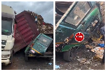 Watch as tipper truck overturns onto Sprinter bus at Agbogbloshie market