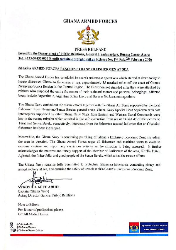 Ghana Armed Forces rescue stranded fishermen after armed sea attack