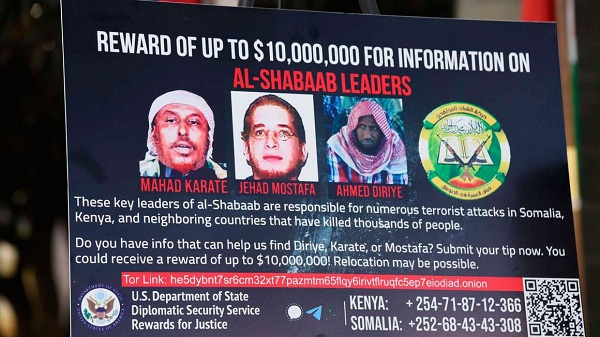 A poster with images of Al-Shabaab leaders Mahad Karate, Jehad Mostafa and Ahmed Diriye