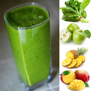 A glass of tropically green smoothie