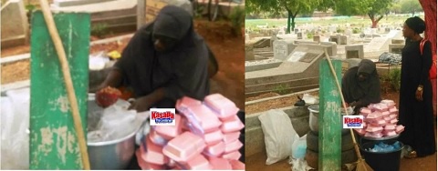 The woman packages and sells her food at the cemetary