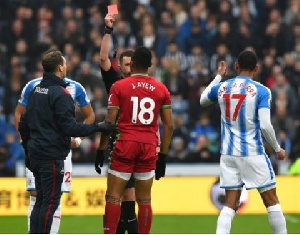 Jordan Ayew was sent off during the match against Huddersfield
