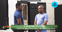GhanaWeb's Etsey Atisu speaking with the tour guide at the Fort Good Hope at Senya Bereku