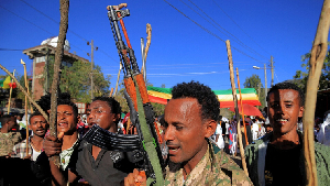Members of the Amhara Special Forces dance in the Lalibela town of the Amhara Region, Ethiopia
