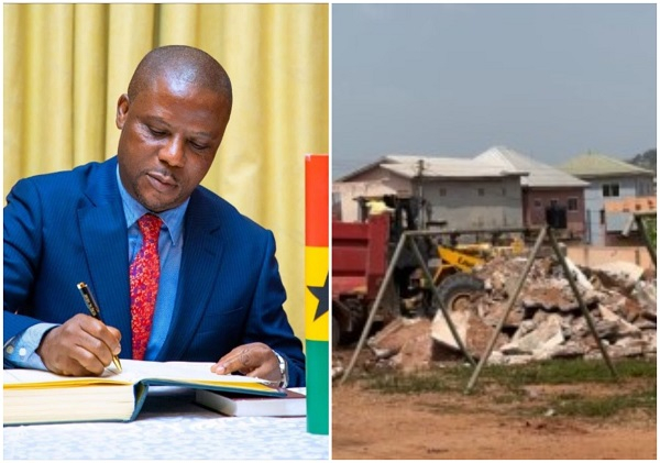 Deputy information minister Sylvester Tetteh and the GBC bungalows he is accused of demolishing