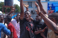 Some students of GIJ protesting after they were prevented from writing the end of semester exams