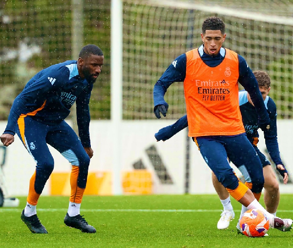 Rudiger (L) and Bellingham (R) in training
