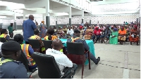 Management of Tema Fishing Harbour during meeting with stakeholders at fish market hall
