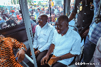 Dr. Mahamudu Bawumia with Minister for Transport, Kwaku Asiamah Ofori in the Electric Bus