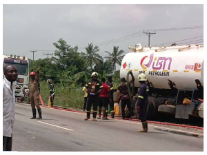 Part of the fuel spilled onto the road surface, raising fears of a possible explosion
