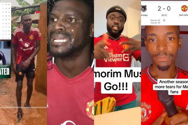A grid photo of Man United fans crying on Tiktok