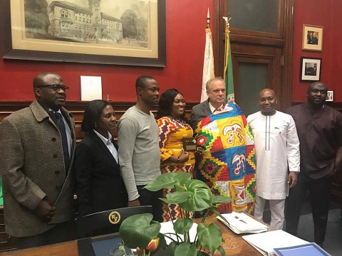 Mavis Hawa Koomson (4th L) with other dignitaries displaying the 'Key to the City'